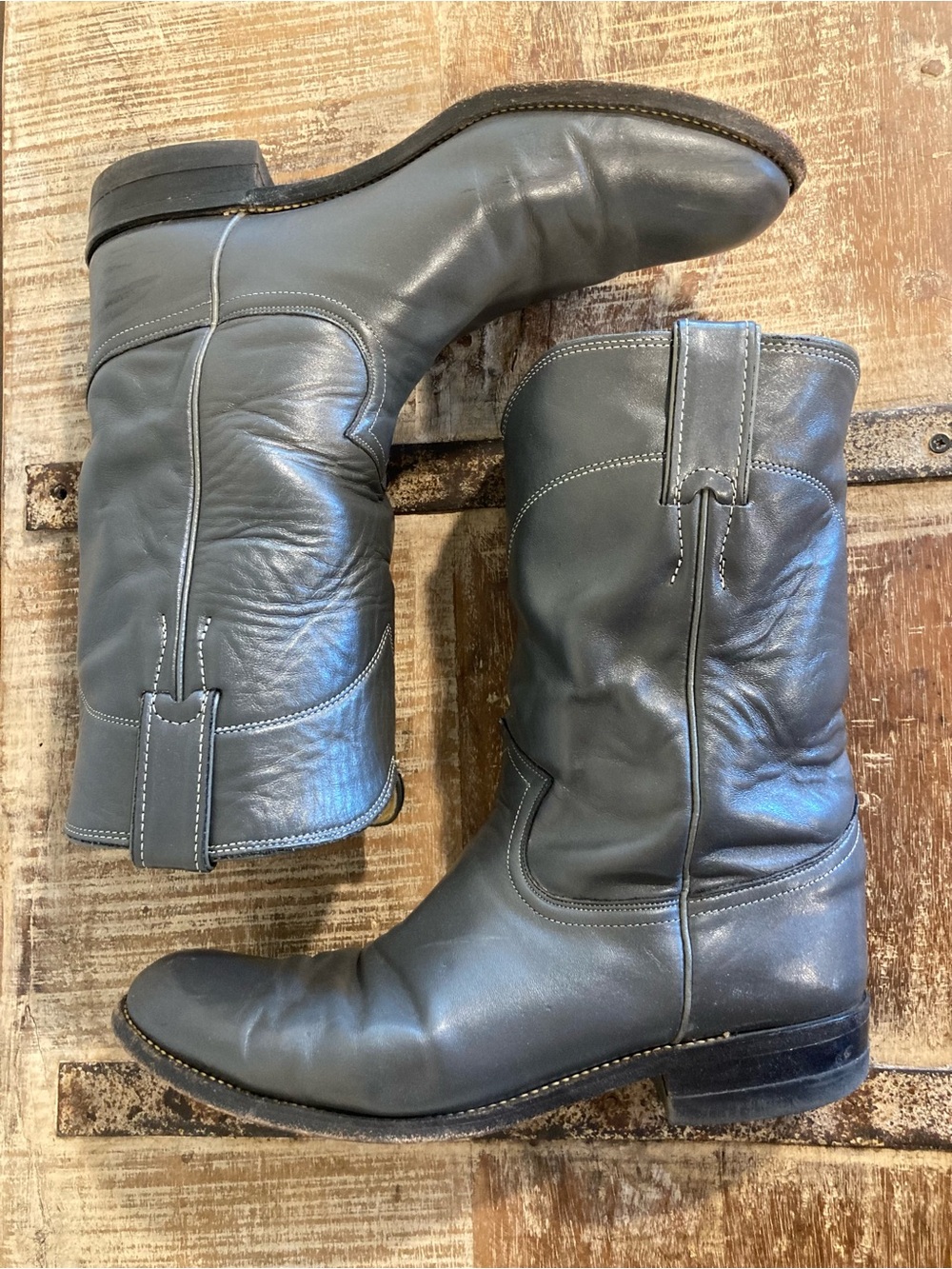 Women’s Vintage Made in USA Grey Leather Western Pull-On Boots Justin Size 9B